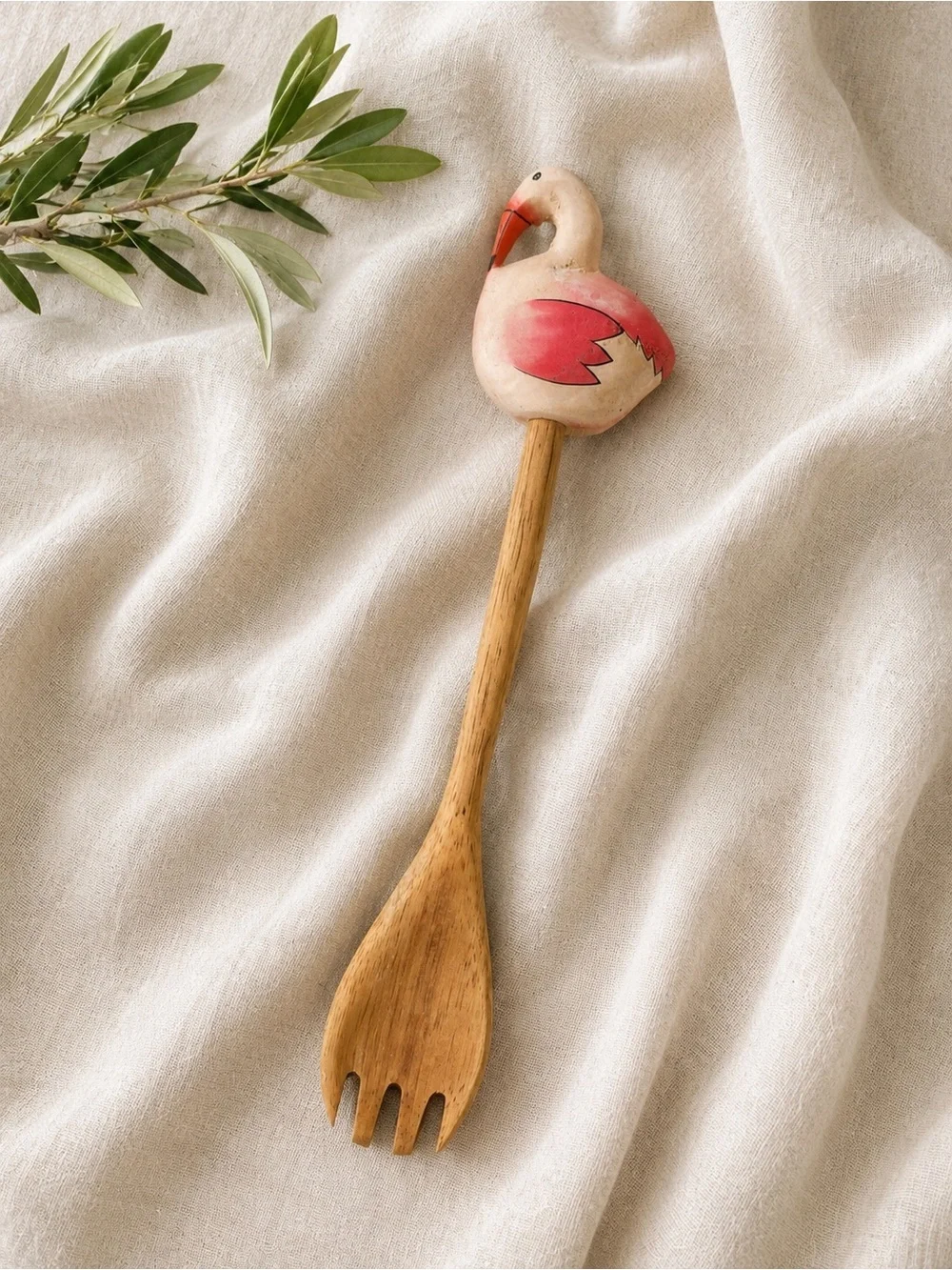 Vintage Wooden Flamingo Salad Server Spoon Fork Tropical Kitchen Utensil Decor